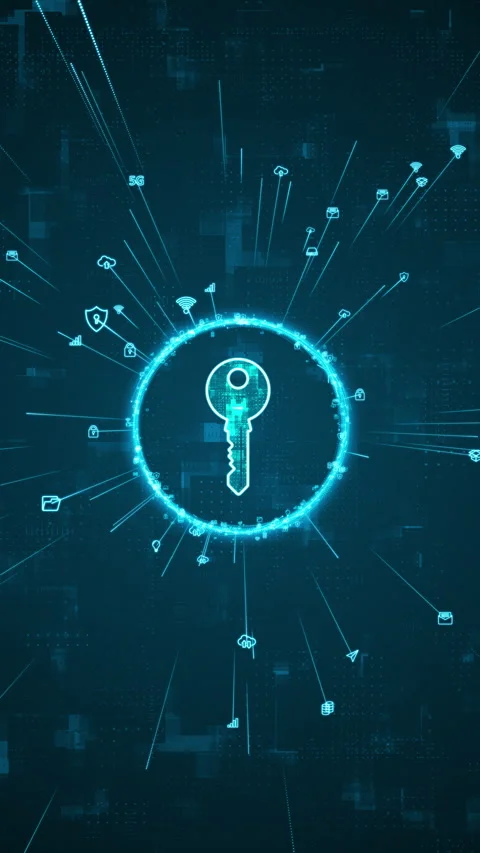 Blue digital security key logo and ring rotation around with ai icon Stock Footage 292359111