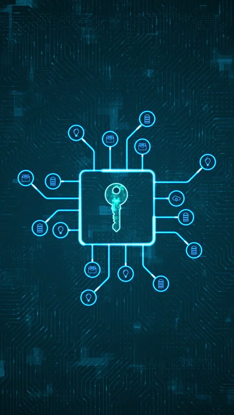 Blue digital security key logo and HUD technology circuit board with ai icon Stockbeeldmateriaal 296757512