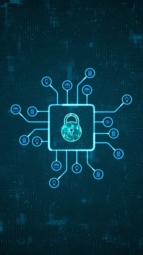 Blue digital security key logo and HUD technology circuit board with ai icon Stock Footage 296757550