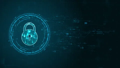 Blue digital security key logo and circle futuristic HUD elements with flowing a Stock Footage 308799751