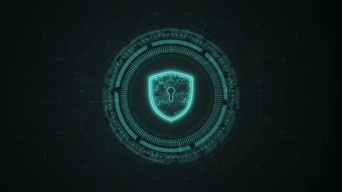 Blue digital security shield logo with rotation HUD UI circle technology Stock Footage 237535504