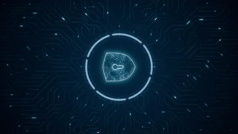 Blue digital security shield logo and futuristic technology circle HUD Stock Footage 238917418