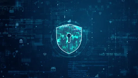 Blue digital security shield logo and futuristic circle HUD with big data Stock Footage 246589891