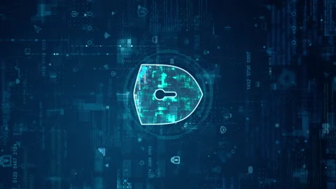 Blue digital security shield logo and futuristic circle HUD with big data Stockbeeldmateriaal 247258625