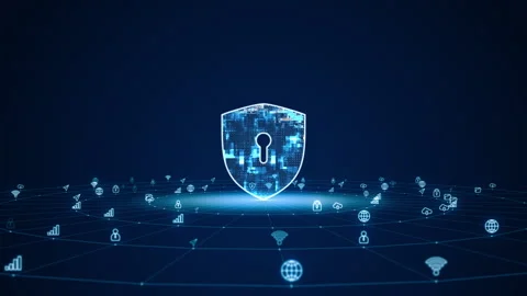 Blue digital security shield logo with futuristic technology icon Stock Footage 248369538
