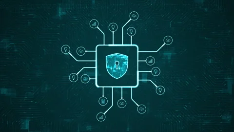 Blue digital security shield logo and futuristic HUD technology circuit board Stockbeeldmateriaal 282195579