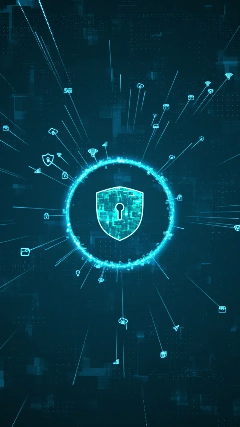 Blue digital security shield logo and ring rotation around with ai icon spread Stock Footage 292358969