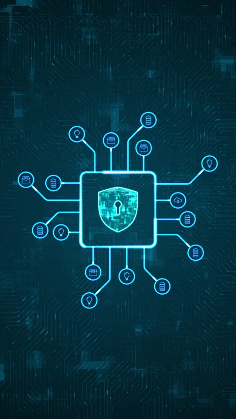 Blue digital security shield logo and HUD technology circuit board with ai icon 스톡 동영상 296757441