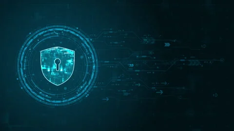 Blue digital security shield logo and circle futuristic HUD elements with flowin Stock Footage 308799919