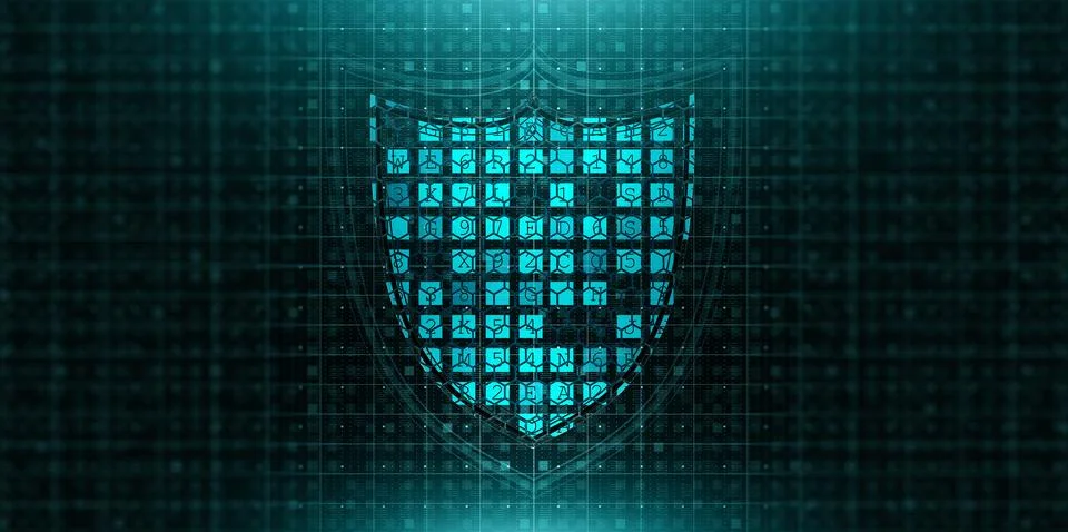 Blue digital shield with encryption code and cybersecurity symbols on futur.. Illustrazione stock