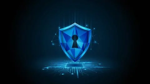 Blue digital shield with a keyhole symbol representing cyber security and d.. Stock Illustration