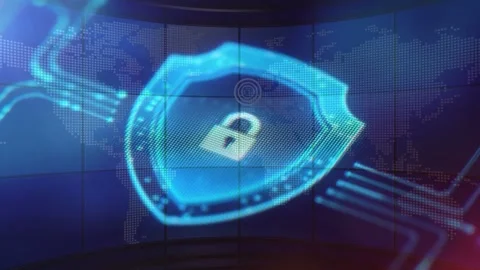 Blue Digital Shield with Padlock on Global Map Background Stock Footage 336900814