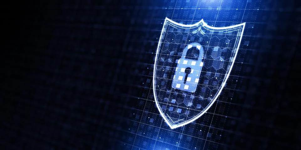 Blue digital shield with padlock icon on futuristic cyber background, symbo.. 库存插图