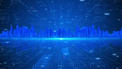 Blue digital smart city background glowing skyline, code layers, data labels, fu Stock Footage 340477987