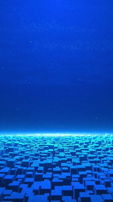 Blue digital smart city glowing block buildings, dotted data sky, futuristic gri Stock Footage 340570227