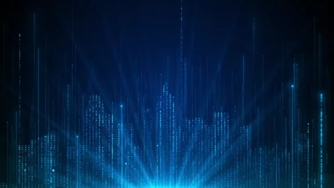 Blue digital smart city skyline building bars, data lines, futuristic urban dept Stock Footage 340453970