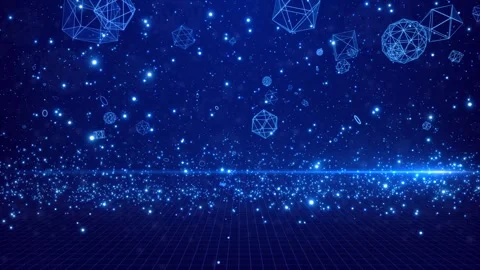 Blue Digital Space Abstract Grid Background with Floating Wireframe Shapes Vidéo 344245337