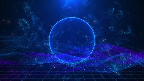 Blue digital sphere circular frame, particle waves, grid floor, futuristic data Stock Footage 340416213