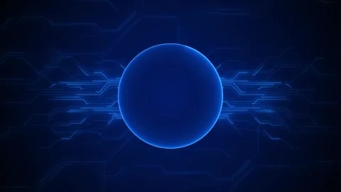 Blue digital sphere glowing circuit lines, dark tech space, and clean central or Stock Footage 340453119