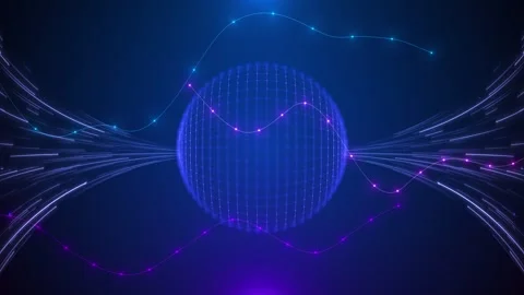 Blue digital sphere glowing grid globe, flowing light streams, animated graph li Stock Footage 340452732