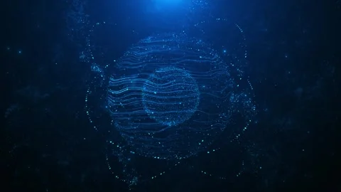 Blue digital sphere glowing wave lines, particle field, dotted orbit paths, and Stock Footage 340457419