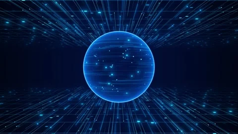 Blue digital sphere network glowing central globe, grid floor, fast data lines, Stock Footage 340478951