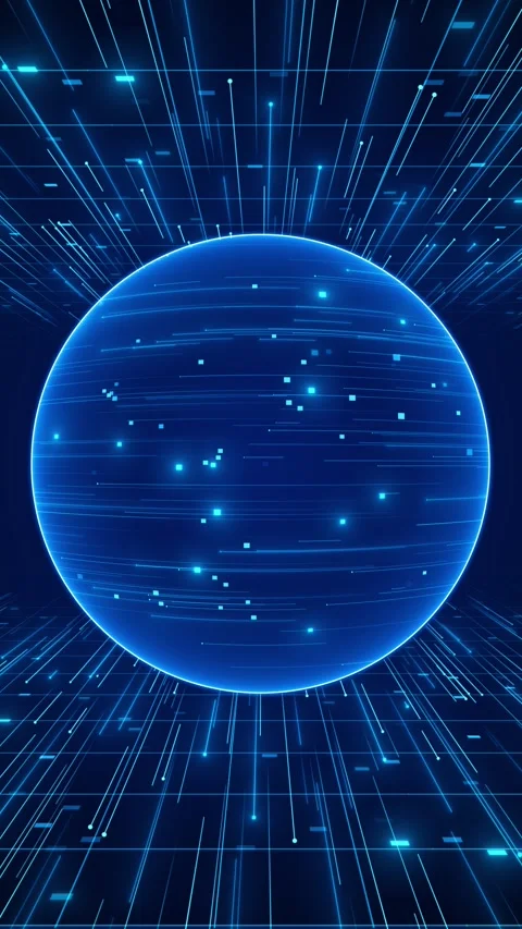 Blue digital sphere network glowing central globe, grid floor, fast data lines, Stock Footage 340478971