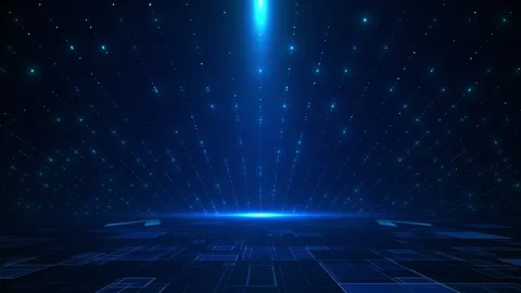 Blue digital stage background glowing dot rays, futuristic grid floor, cyber Stock Footage 334103620