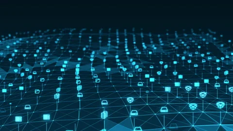 Blue digital stoage icon network connection futuristic technology background Stockbeeldmateriaal 158069275