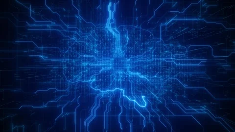 Blue digital tunnel background floating panels, code textures, glowing deep tech Stockbeeldmateriaal 334100990