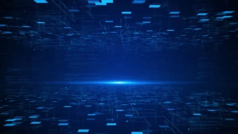 Blue digital tunnel floating panels, code textures, glowing deep tech Stock Footage 334100429