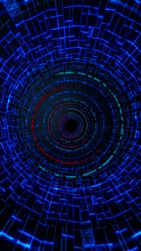 Blue digital tunnel vortex glowing circular grid rings, red accent lights, and d Stock Footage 340479423