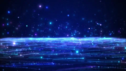 Blue digital wave glowing cyan lines, floating particles, and deep starry space. Stock Footage 340471360