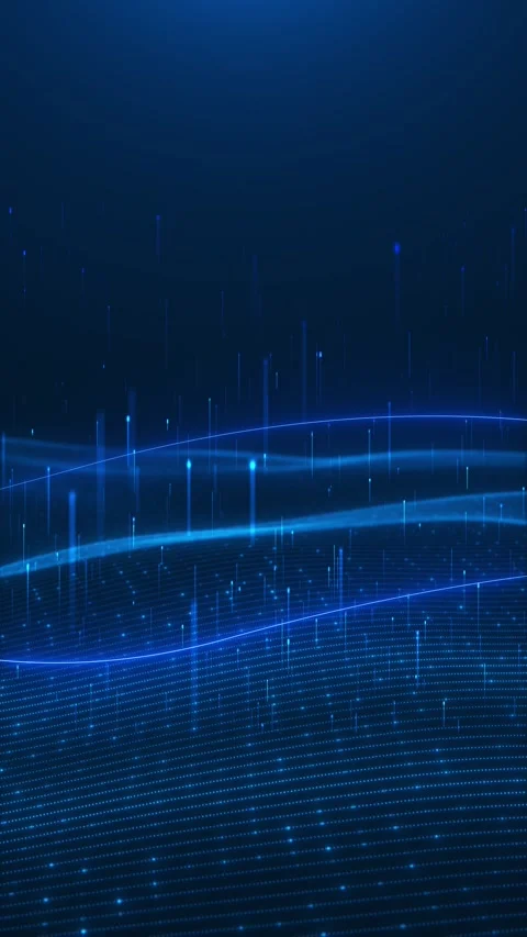 Blue digital wave grid curved dotted landscape, falling data lines, and glowing Stock Footage 340479265