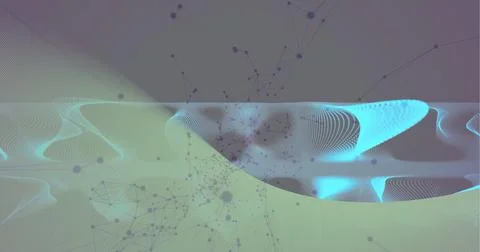 Blue digital waves against network of molecular structures against green Stock Illustration