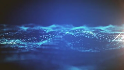 Blue digital waves of glowing particles moving in cinematic dark setting. Video stock 344000513