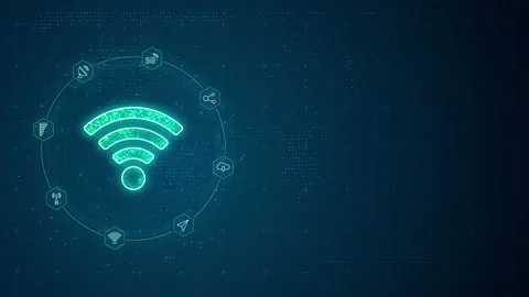 Blue digital WIFI LOGO with line connection and data transfer to futuristic Stockbeeldmateriaal 237447367