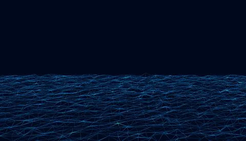 Blue digital wireframe landscape featuring a low poly terrain grid pattern Stock Illustration