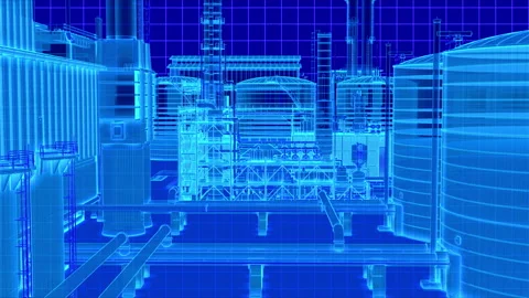 Blue digital wireframe Oil refinery building from high camera view footage Vídeos de archivo 147934746