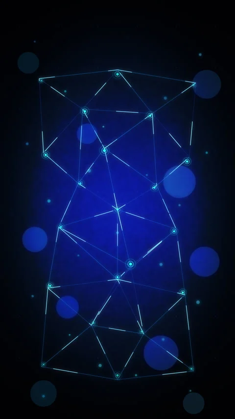 Blue digital wireframe polygon animation with glowing nodes and abstract data Stock Footage 347556344