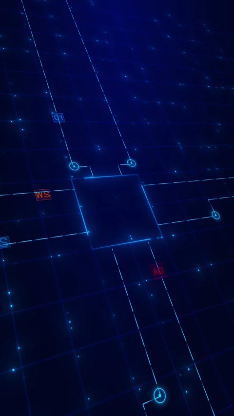 Blue digital workflow circuit glowing square hub, grid lines, node connections, Stock Footage 340558086