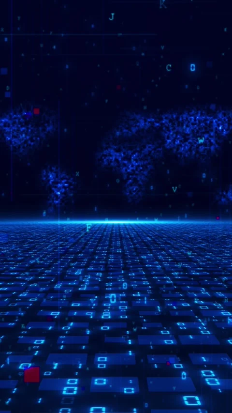 Blue digital world data grid background glowing map particles, floating letters, Stock Footage 340556802