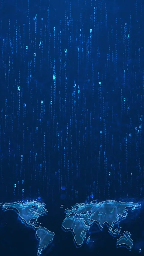 Blue digital world data map glowing continent outlines, binary code rain, networ Stock Footage 340552516
