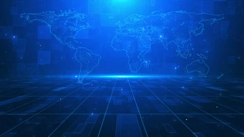 Blue digital world map background dotted continents, glowing grid floor, and fut Stock Footage 340412489