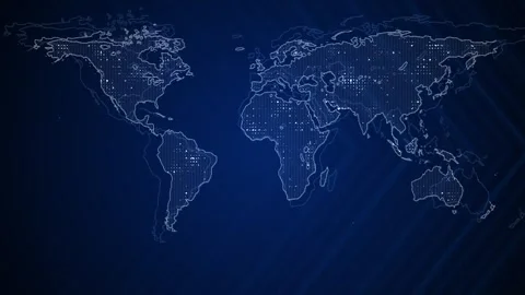 Blue digital world map background dotted continents, dark tech surface, clean gl Stock Footage 340477629