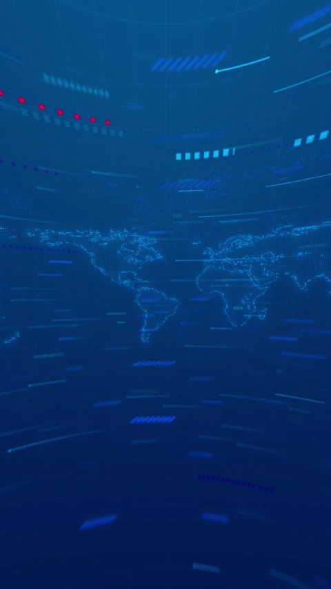 Blue digital world map background with dotted continents, data interface element Stock Footage 340550537