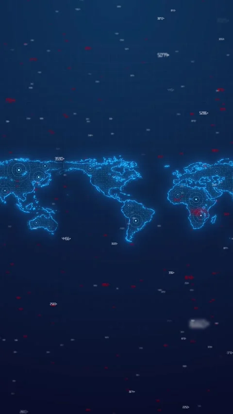 Blue digital world map background with glowing dotted continents, data targets, Stock Footage 340551361