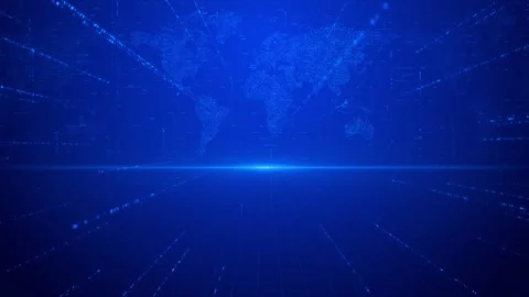 Blue Digital World Map with Cyber Technology Grid and Data Stream Background Vidéo 344245382