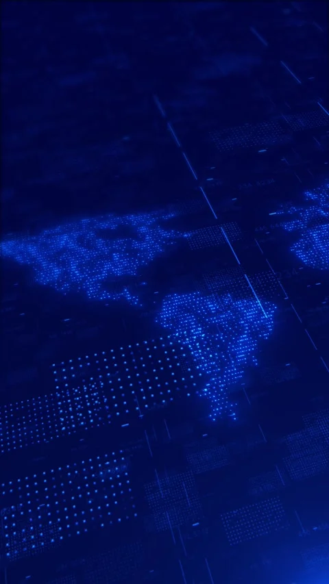 Blue digital world map data glowing continents, floating numbers, dotted grids, Stock Footage 340557889