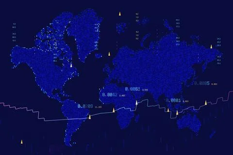Blue digital world map with glowing data dots and analytics graph, abstract g Stock Illustration